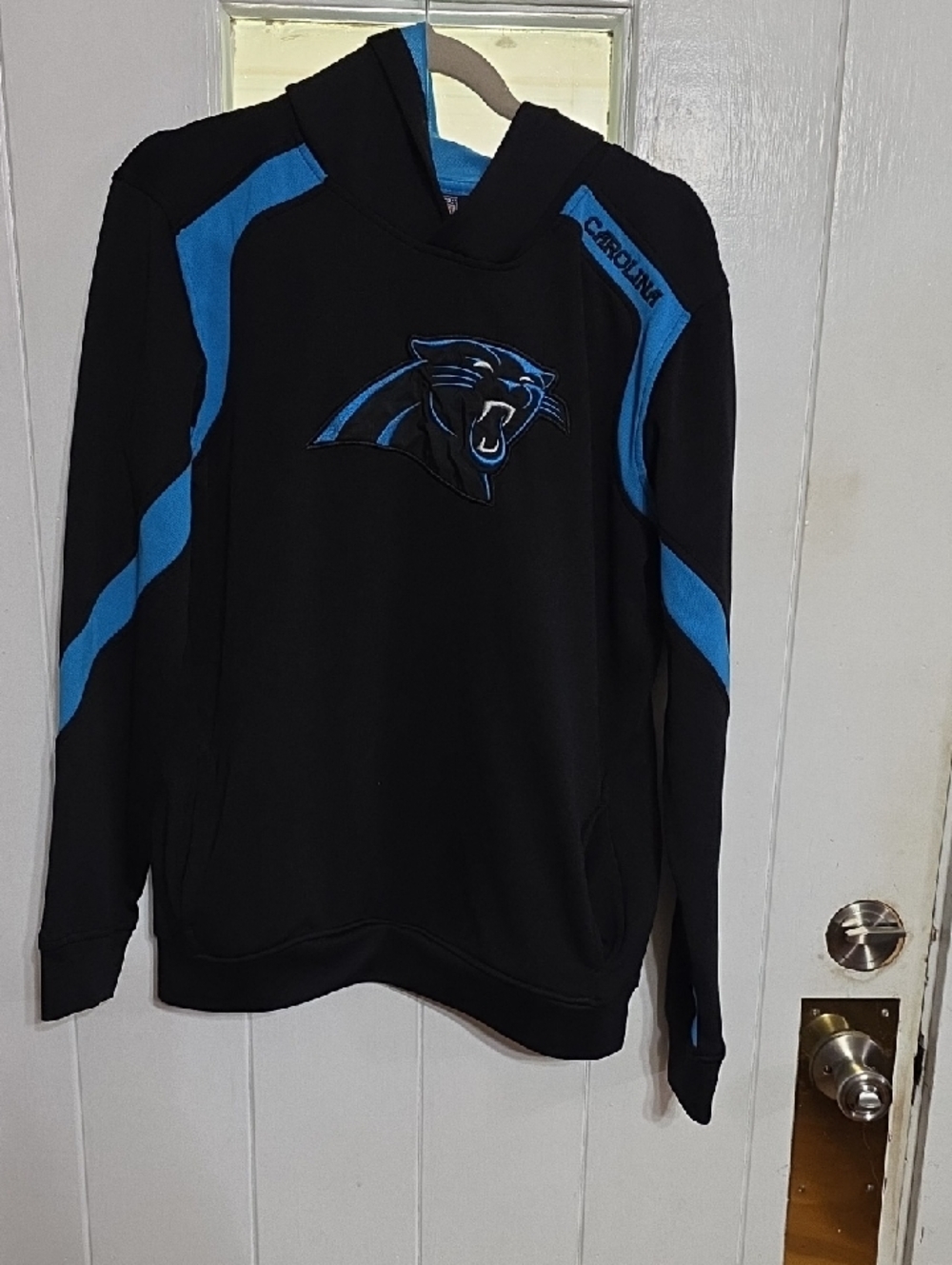 NFL Carolina Panthers Hoodie Black/Aqua Logo Applique Pockets Sz YOUTH XL/18 EUC